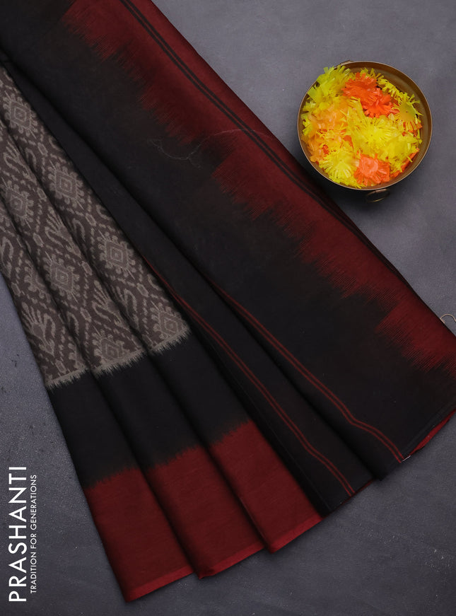 Muslin cotton saree grey and black maroon with allover prints and simple border