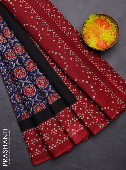 Muslin cotton saree blue and maroon with allover ajrakh prints and printed border