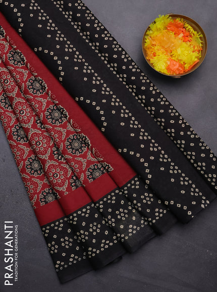 Muslin cotton saree maroon and black with allover ajrakh prints and printed border