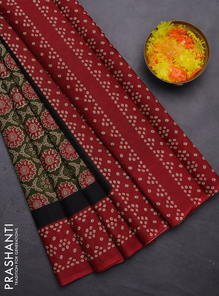 Muslin cotton saree green and maroon with allover ajrakh prints and printed border