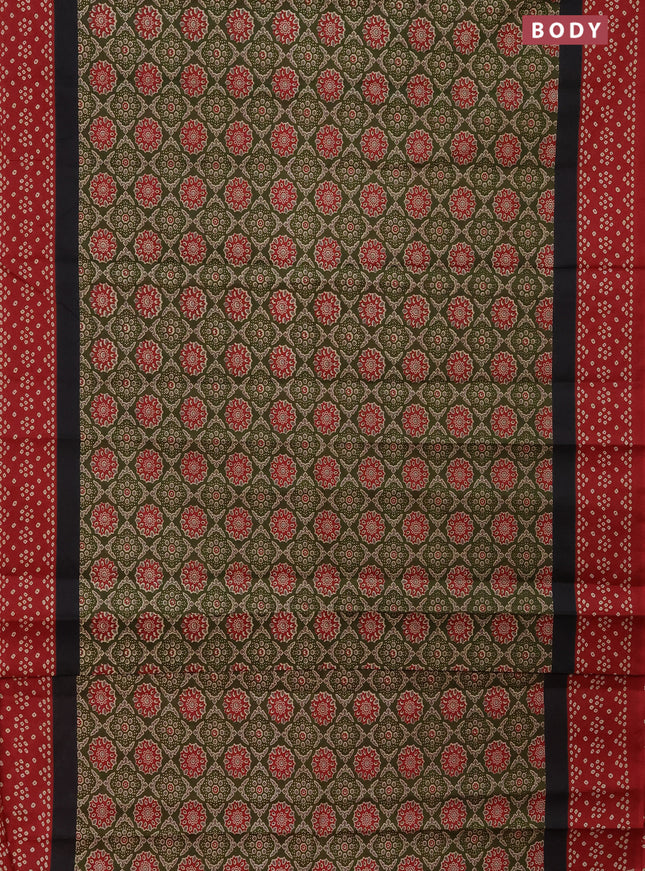 Muslin cotton saree green and maroon with allover ajrakh prints and printed border