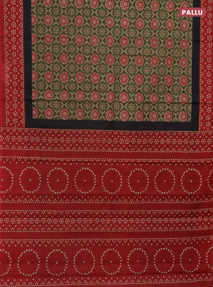 Muslin cotton saree green and maroon with allover ajrakh prints and printed border