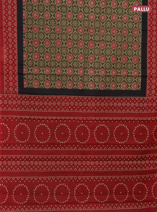 Muslin cotton saree green and maroon with allover ajrakh prints and printed border