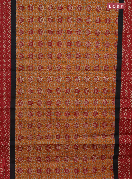 Muslin cotton saree mustard yellow and red with allover ajrakh prints and printed border