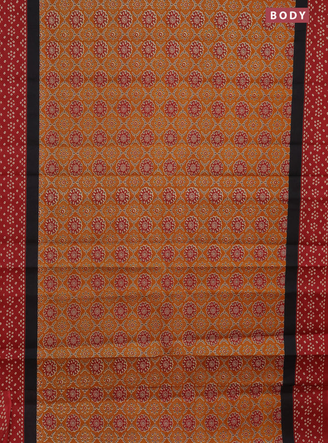 Muslin cotton saree mustard yellow and red with allover ajrakh prints and printed border