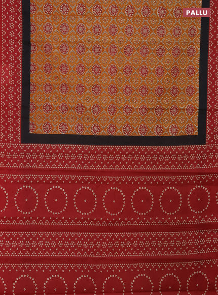 Muslin cotton saree mustard yellow and red with allover ajrakh prints and printed border