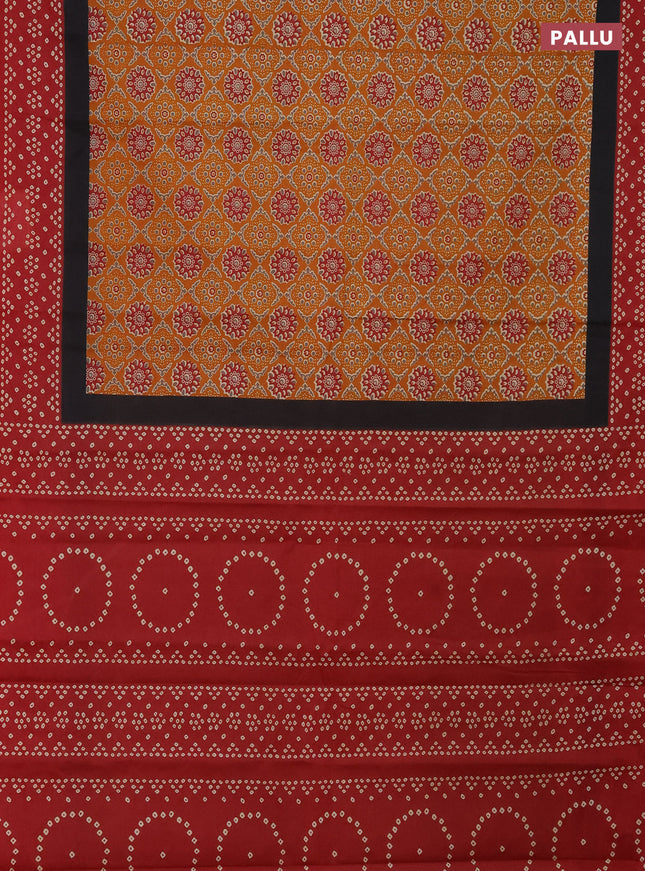 Muslin cotton saree mustard yellow and red with allover ajrakh prints and printed border