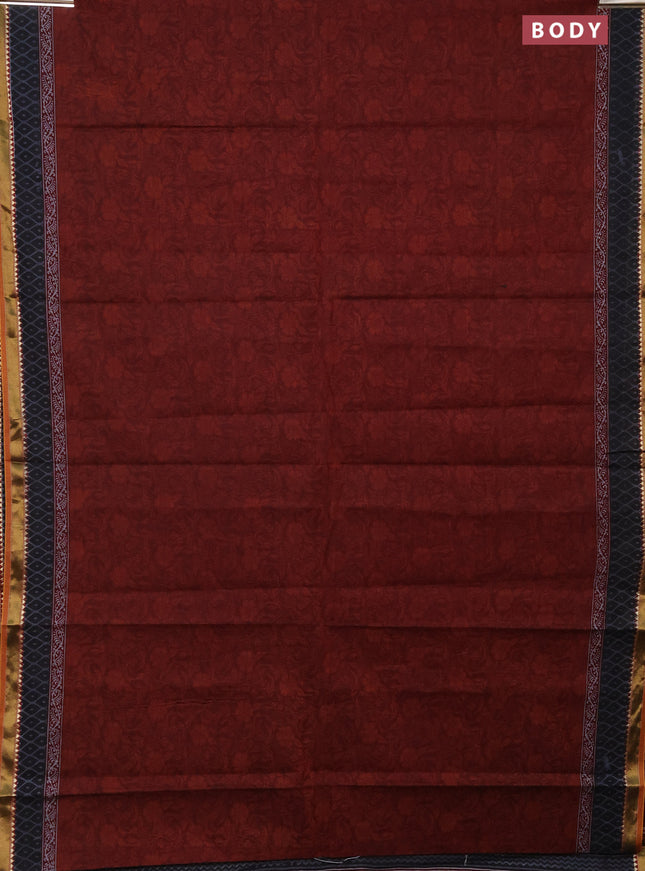 Muslin cotton saree maroon and black with allover prints and zari woven border