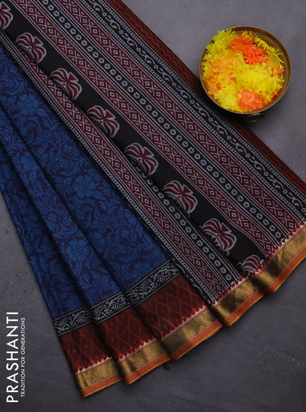 Muslin cotton saree navy blue and maroon with allover prints and zari woven border