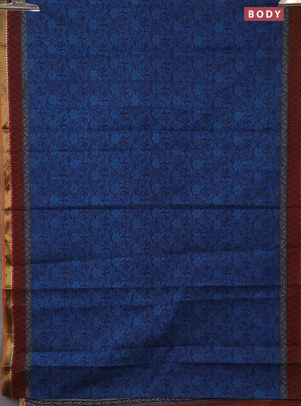 Muslin cotton saree navy blue and maroon with allover prints and zari woven border