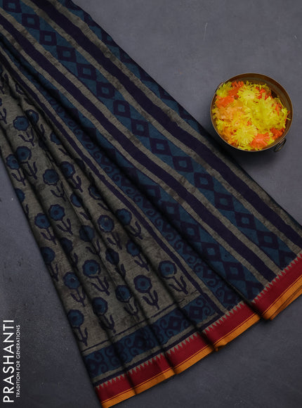 Muslin cotton saree grey and blue with floral butta prints and woven border