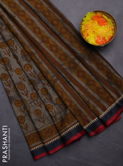 Muslin cotton saree grey and black with floral butta prints and woven border
