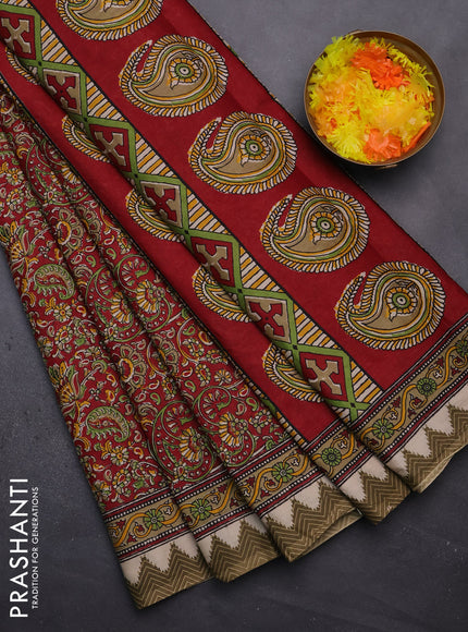 Muslin cotton saree maroon with allover prints and printed border