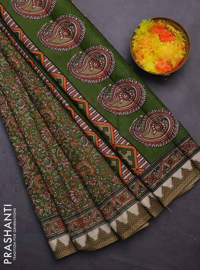 Muslin cotton saree green with allover prints and printed border