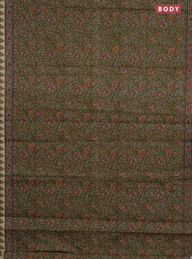 Muslin cotton saree green with allover prints and printed border