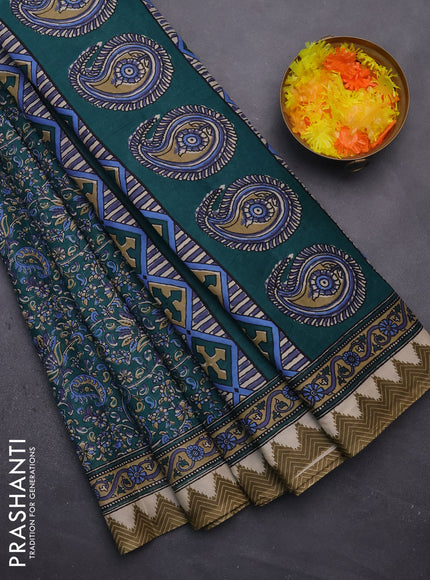 Muslin cotton saree peacock green with allover prints and printed border