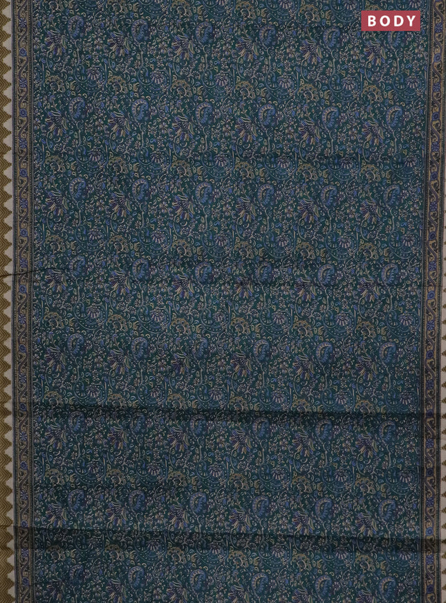 Muslin cotton saree peacock green with allover prints and printed border