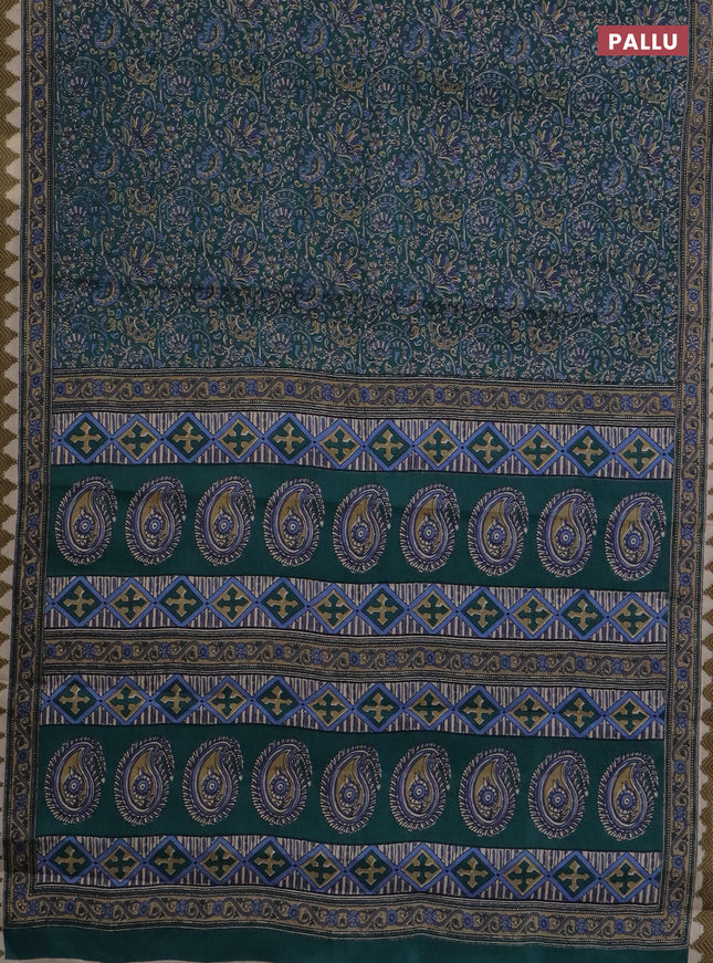 Muslin cotton saree peacock green with allover prints and printed border