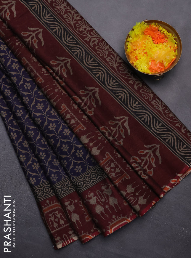 Muslin cotton saree blue and maroon with allover prints and printed border