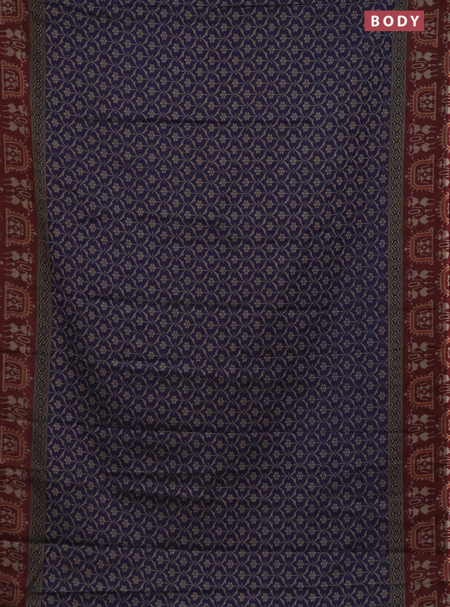 Muslin cotton saree blue and maroon with allover prints and printed border