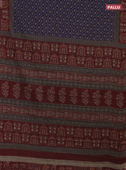 Muslin cotton saree blue and maroon with allover prints and printed border