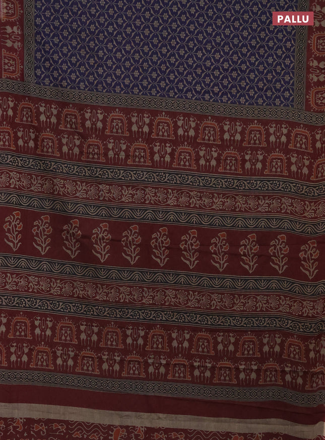 Muslin cotton saree blue and maroon with allover prints and printed border