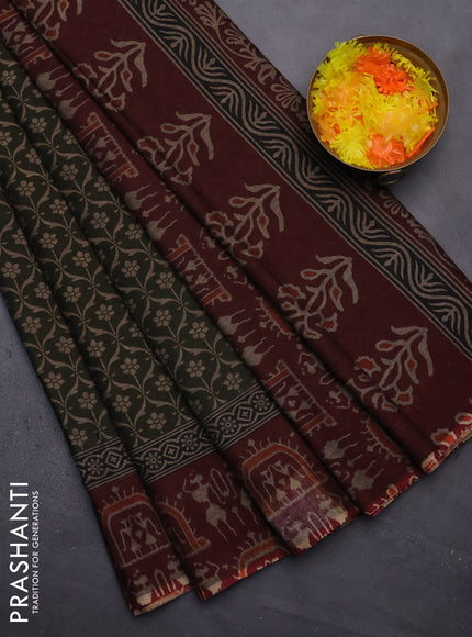 Muslin cotton saree sap green and maroon with allover prints and printed border