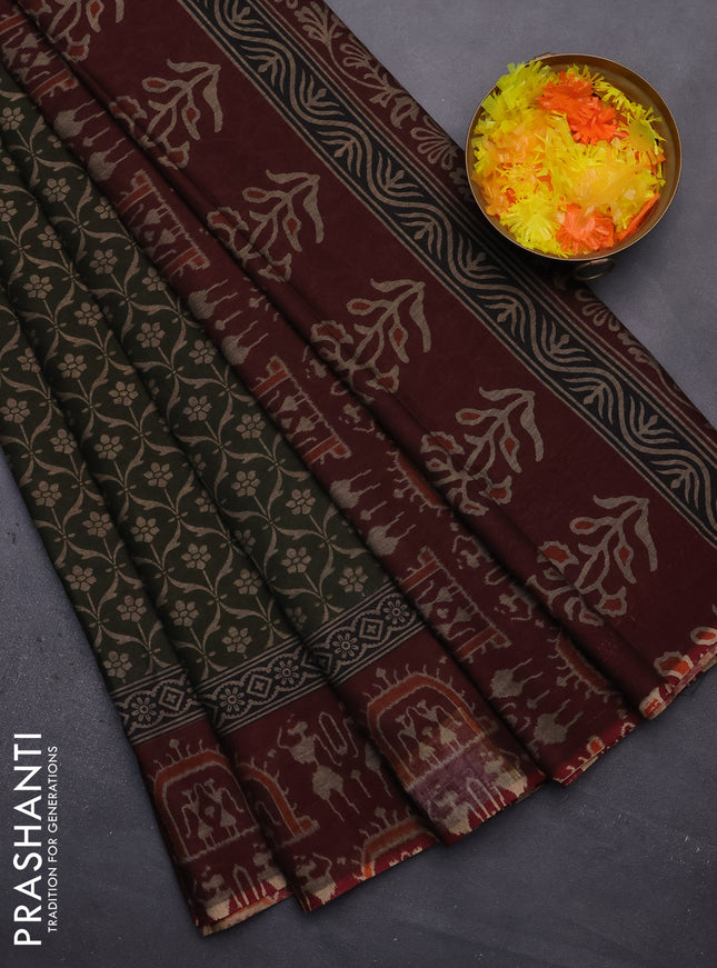 Muslin cotton saree sap green and maroon with allover prints and printed border