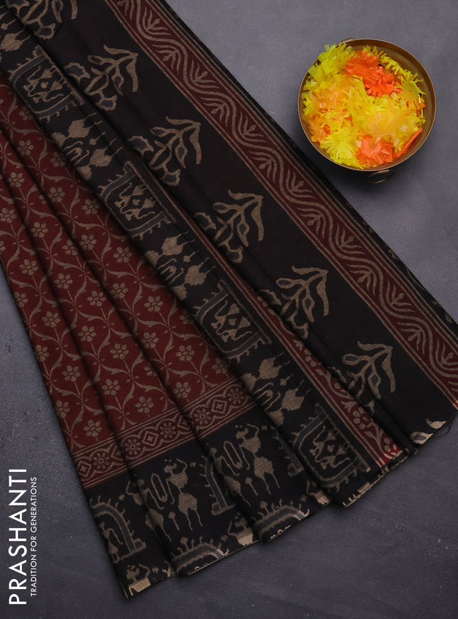 Muslin cotton saree maroon and black with allover prints and printed border