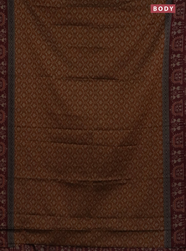 Muslin cotton saree dark mustard and maroon with allover prints and printed border