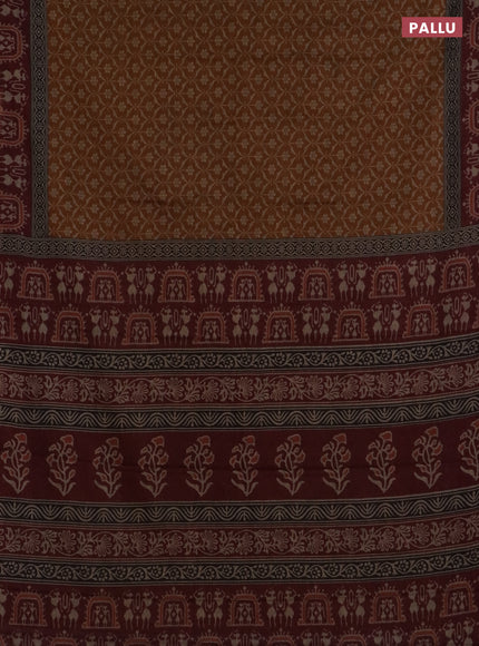 Muslin cotton saree dark mustard and maroon with allover prints and printed border