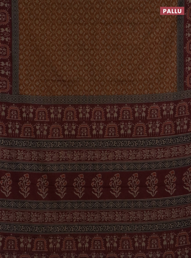 Muslin cotton saree dark mustard and maroon with allover prints and printed border