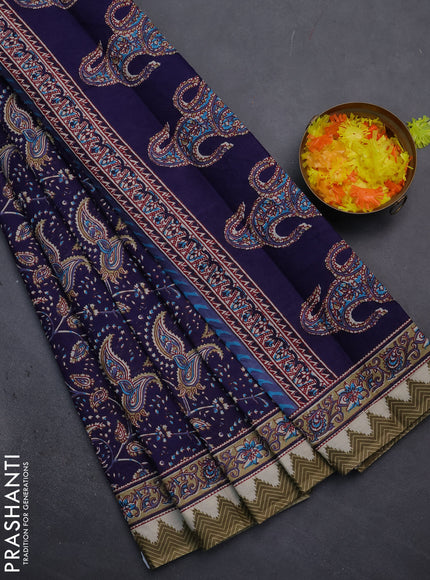Muslin cotton saree blue with allover prints and printed border