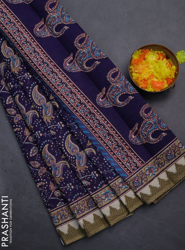 Muslin cotton saree blue with allover prints and printed border