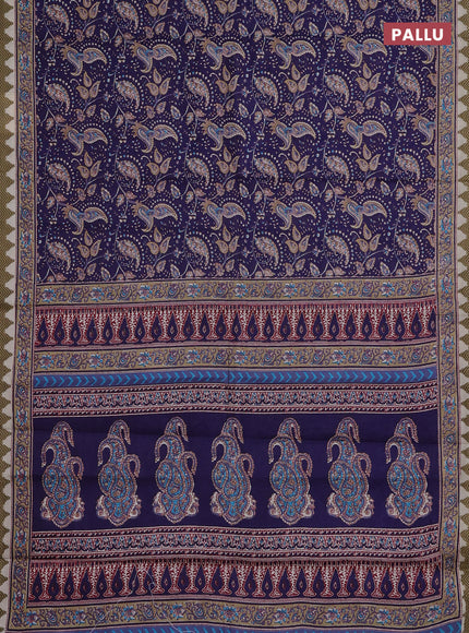 Muslin cotton saree blue with allover prints and printed border