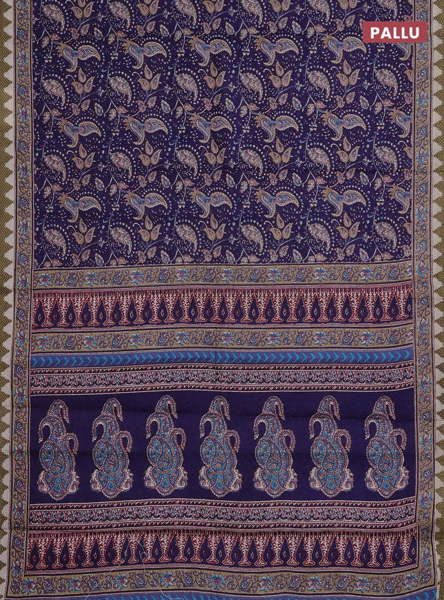Muslin cotton saree blue with allover prints and printed border
