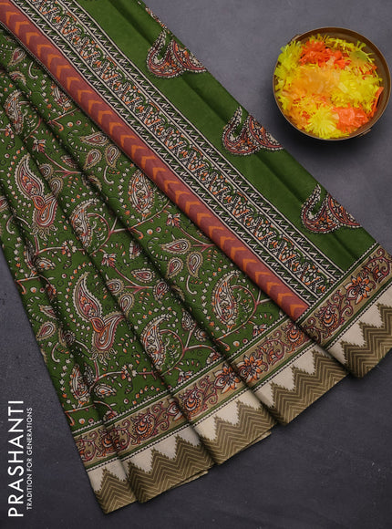 Muslin cotton saree green with allover prints and printed border