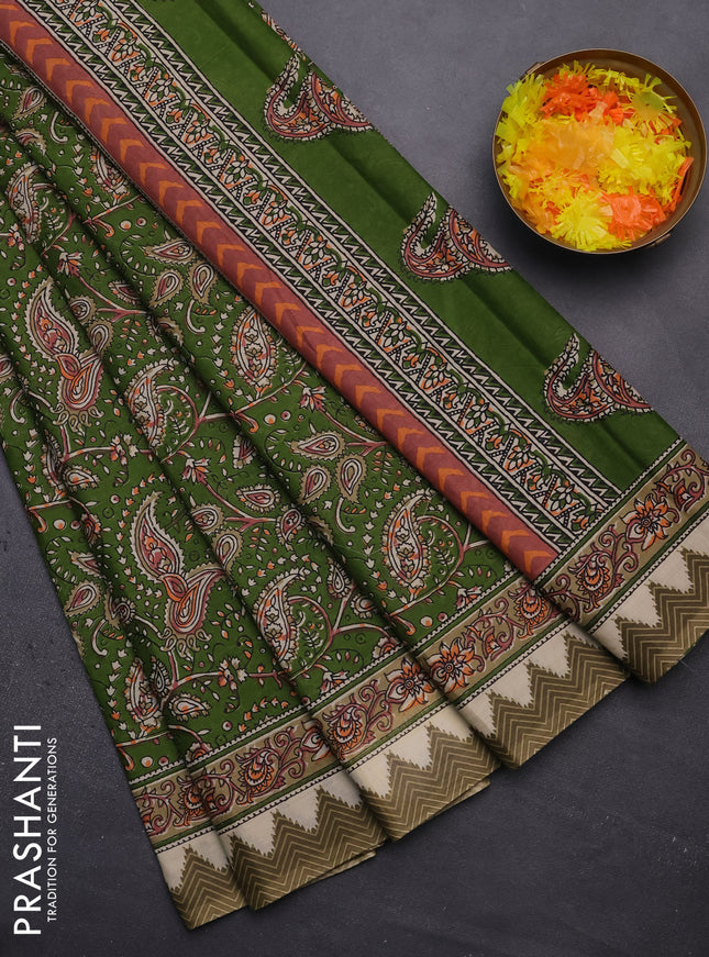 Muslin cotton saree green with allover prints and printed border