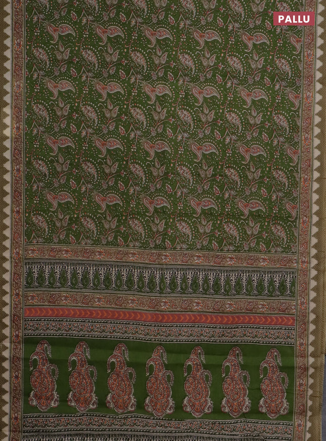 Muslin cotton saree green with allover prints and printed border