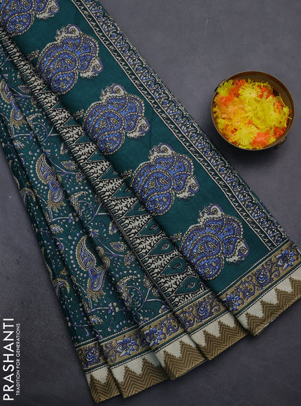 Muslin cotton saree peacock green with allover prints and printed border