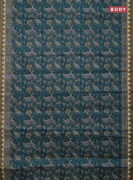 Muslin cotton saree peacock green with allover prints and printed border
