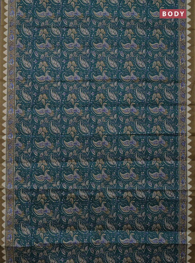 Muslin cotton saree peacock green with allover prints and printed border