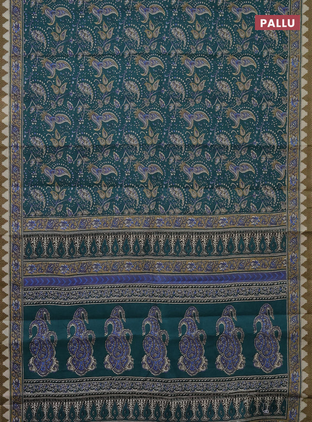 Muslin cotton saree peacock green with allover prints and printed border