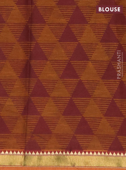 Muslin cotton saree sap green and dark mustard with allover warli prints and zari woven border