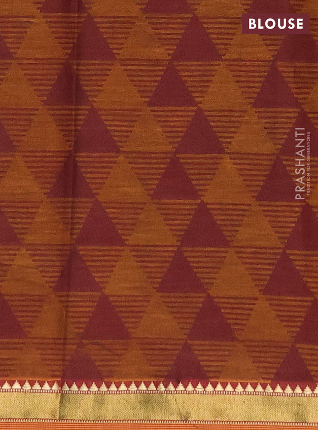 Muslin cotton saree sap green and dark mustard with allover warli prints and zari woven border
