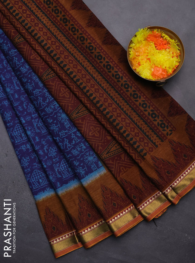 Muslin cotton saree navy blue and dark mustard with allover warli prints and zari woven border