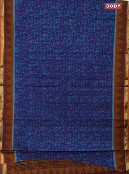 Muslin cotton saree navy blue and dark mustard with allover warli prints and zari woven border