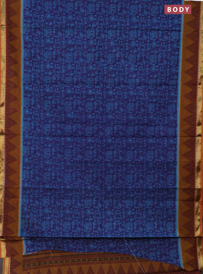 Muslin cotton saree navy blue and dark mustard with allover warli prints and zari woven border