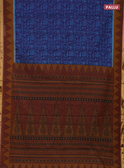 Muslin cotton saree navy blue and dark mustard with allover warli prints and zari woven border