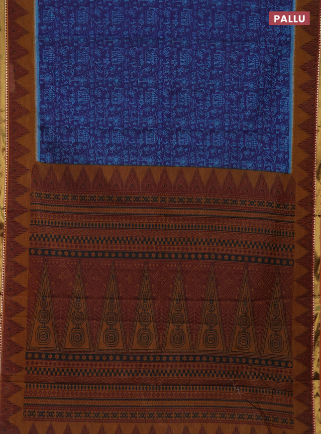 Muslin cotton saree navy blue and dark mustard with allover warli prints and zari woven border